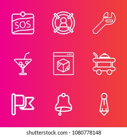 Premium set with outline vector icons. Such as target, help, flag, hotel, summer, glass, ring, fashion, internet, marketing, bell, group, delivery, spanner, concept, tie, sign, equipment, room, tool