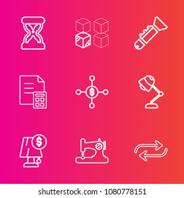 Premium set with outline vector icons. Such as adult, sew, watch, hourglass, machine, instrument, bugle, package, jazz, fashion, musical, dollar, relocation, investment, timer, light, transfer, sound