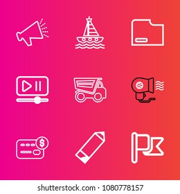 Premium set with outline vector icons. Such as flag, volume, audio, loudspeaker, yacht, card, pen, dump, fan, sound, tipper, electric, vehicle, speed, truck, player, vessel, ocean, america, travel