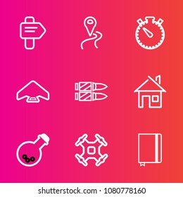 Premium set with outline vector icons. Such as home, location, business, drone, watch, sign, jump, medicine, building, equipment, way, laboratory, time, estate, gps, direction, street, map, technology