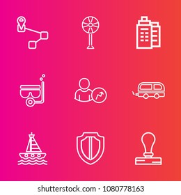 Premium set with outline vector icons. Such as snorkel, paper, map, object, account, transportation, pointer, estate, summer, protect, ventilator, mask, stationery, protection, electric, ocean, bus