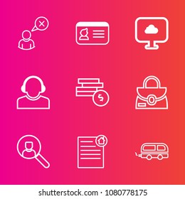 Premium set with outline vector icons. Such as team, bag, man, service, transportation, vehicle, bank, connection, internet, fashion, center, online, identification, real, house, profile, support, id