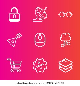 Premium set with outline vector icons. Such as dish, trolley, instrument, padlock, protection, click, music, network, eyeglasses, computer, information, discount, eye, cloud, retail, safe, sign, open