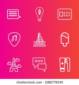 Premium set with outline vector icons. Such as business, safety, food, landmark, lock, care, tower, bank, speech, cream, secure, communication, navigation, bubble, map, paris, message, internet, ocean