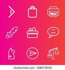 Premium set with outline vector icons. Such as weight, present, scale, next, meeting, strategy, paper, weapon, button, blade, chess, measurement, internet, right, printer, speaker, message, public