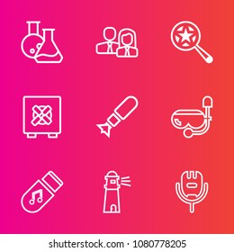 Premium set with outline vector icons. Such as medical, science, music, nuclear, find, ocean, technology, person, song, light, safety, safe, medicine, people, staff, karaoke, falling, lighthouse, lock