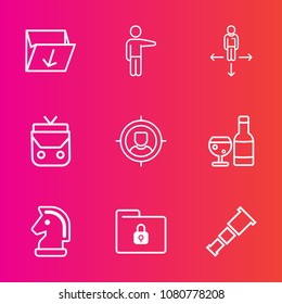 Premium set with outline vector icons. Such as recycling, box, direction, target, sky, telescope, ecology, game, wine, pointing, lock, night, red, leather, business, hand, sign, glass, customer, drink