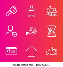 Premium set with outline vector icons. Such as timer, identification, tourism, sea, shipping, architecture, id, screwdriver, house, estate, pliers, construction, sand, coin, clock, hour, identity, web