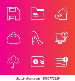 Premium set with outline vector icons. Such as real, property, purse, house, protection, sign, finance, cash, printer, desktop, business, open, file, high, empty, folder, object, diskette, key, bag
