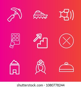 Premium set with outline vector icons. Such as heavy, suitcase, machinery, home, construction, vessel, cargo, down, healthcare, telephone, care, boat, sign, trip, mobile, transportation, water, device