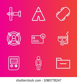 Premium set with outline vector icons. Such as plane, skateboard, board, customer, military, tent, finance, tourism, aircraft, outdoor, folder, mask, war, aviation, document, skate, transport, storage