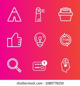 Premium set with outline vector icons. Such as water, beacon, currency, sign, tourism, concept, cash, white, finance, beach, landscape, business, store, sea, operator, market, money, leisure, nature
