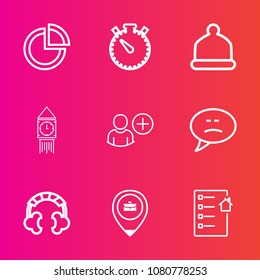 Premium set with outline vector icons. Such as bubble, graph, real, location, timer, london, white, graphic, fashion, ben, minute, job, contract, time, big, sound, head, message, headset, work, house
