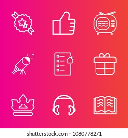 Premium set with outline vector icons. Such as star, equipment, estate, book, ribbon, element, king, education, headphone, royal, television, search, gift, audio, decorative, decoration, video, paper