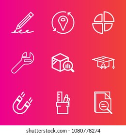 Premium set with outline vector icons. Such as note, pencil, magnetic, mechanic, repair, stationery, pole, pen, write, office, work, drawing, university, element, wrench, sign, science, finance, pie