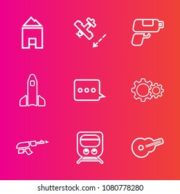 Premium set with outline vector icons. Such as military, spaceship, element, space, astronaut, orbit, transport, transportation, plane, web, pistol, aviation, shuttle, guitar, concept, science, travel