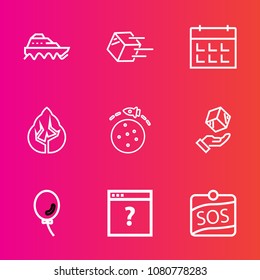 Premium set with outline vector icons. Such as water, package, ocean, unknown, shipment, celebration, transport, space, delivery, box, planet, timetable, sea, balloon, vessel, internet, transportation