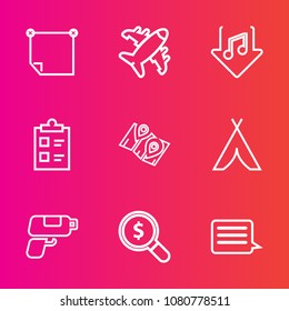 Premium set with outline vector icons. Such as search, tick, sticky, aviation, web, travel, sign, camp, game, list, transport, pin, checklist, plane, outdoor, paper, office, download, blank, post, gun