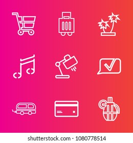 Premium set with outline vector icons. Such as military, summer, money, palm, note, journey, lamp, tree, refreshment, vehicle, tropical, music, terminal, luggage, hand, sound, suitcase, card, grenade