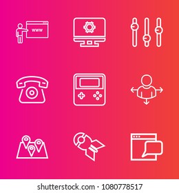 Premium set with outline vector icons. Such as place, cell, go, telephone, pin, war, internet, direction, falling, map, communication, smartphone, explosion, website, location, military, business, web