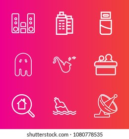 Premium set with outline vector icons. Such as fear, horror, house, ghost, halloween, speaker, button, presentation, computer, music, bottle, bugle, drink, search, media, property, scary, player, real