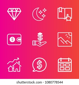 Premium set with outline vector icons. Such as star, money, home, crystal, travel, jewelry, diamond, price, frame, time, book, finance, landscape, click, house, day, gem, precious, scenery, night, sky