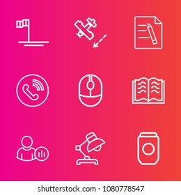 Premium set with outline vector icons. Such as file, profile, aluminum, flight, aircraft, literature, metal, sea of cortes, airplane, technology, business, social, sea, plane, status, phone, call, air