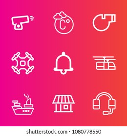 Premium set with outline vector icons. Such as headset, marine, microphone, train, control, old, estate, scale, referee, weapon, weather, whistle, cannon, ship, ball, support, sport, alarm, drone, war