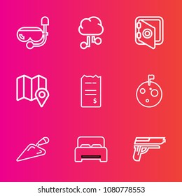 Premium set with outline vector icons. Such as flag, sport, furniture, money, finance, underwater, handgun, travel, computer, firearm, banking, safety, planet, pin, mask, map, communication, snorkel