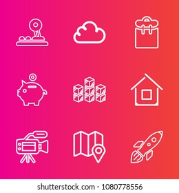 Premium set with outline vector icons. Such as house, travel, home, storage, location, sign, computer, background, finance, arrow, money, internet, tripod, phone, pin, shuttle, architecture, camera