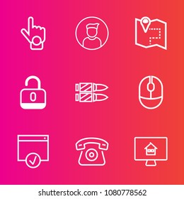 Premium set with outline vector icons. Such as hand, computer, people, estate, page, real, online, white, human, weapon, profile, gun, protection, index, finger, travel, cell, horizontal, lock, social