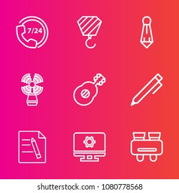 Premium set with outline vector icons. Such as seamark, glasses, equipment, fashion, service, music, phone, pen, lighthouse, building, suit, office, architecture, vision, industrial, travel, guitar