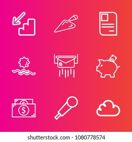 Premium set with outline vector icons. Such as equipment, currency, landscape, stairs, bank, audio, investment, sunrise, personal, sound, mail, construction, downstairs, id, document, money, white, up