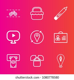 Premium set with outline vector icons. Such as fashion, sport, video, tshirt, female, transportation, summer, finance, wheel, atm, picnic, cycle, bank, person, cash, map, basket, location, woman, ride