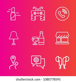 Premium set with outline vector icons. Such as light, shop, quad, location, wine, lip, mobile, call, pink, transportation, road, curtain, alcohol, chat, communication, fun, navigation, ring, white