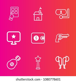 Premium set with outline vector icons. Such as medal, computer, digital, audio, communication, money, headset, star, new, hand, wallet, revolver, beach, purse, house, cash, property, snorkel, gun, sea