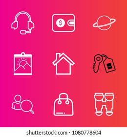 Premium set with outline vector icons. Such as communication, dollar, photo, web, space, sign, picture, view, buy, door, home, paper, mobile, retail, house, cell, headset, microphone, purse, support