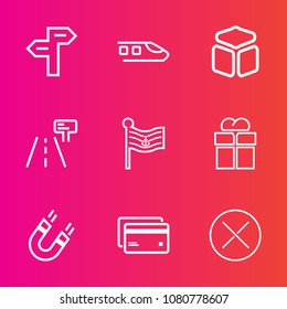 Premium set with outline vector icons. Such as flag, railroad, element, blank, locomotive, banking, debit, choice, arrow, field, transportation, pole, traffic, rail, white, direction, national, card