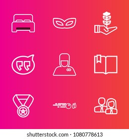 Premium set with outline vector icons. Such as holiday, prize, uniform, chat, worker, people, furniture, hobby, success, win, growth, message, hit, staff, open, nature, book, festival, team, hotel