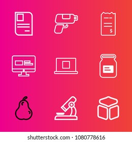 Premium set with outline vector icons. Such as finance, retro, bank, personal, game, biology, identity, document, science, can, aluminum, paper, food, pay, web, cube, concept, microscope, organic, tin