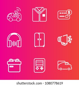 Premium set with outline vector icons. Such as music, drive, clothing, ribbon, present, card, tshirt, holiday, bank, money, road, stereo, arrow, satellite, transportation, voice, template, cupboard