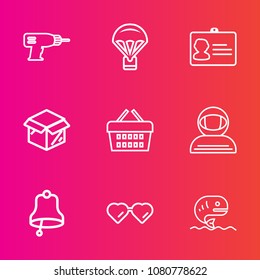 Premium set with outline vector icons. Such as white, machine, bell, work, sunglasses, power, sky, basket, shop, market, food, id, cardboard, science, drill, sale, jump, electric, ring, parachuting