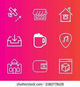 Premium set with outline vector icons. Such as online, coffee, building, store, mug, house, airplane, medieval, cafe, transportation, purse, cash, white, business, internet, shop, travel, home, air