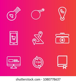 Premium set with outline vector icons. Such as play, study, emergency, web, road, navigation, folk, musical, education, website, string, service, location, instrument, music, attack, help, box, online