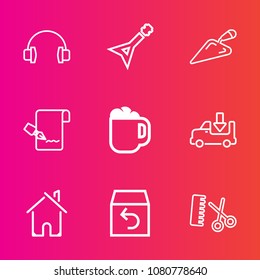 Premium set with outline vector icons. Such as technology, transportation, audio, drink, pen, cup, transport, fashion, stereo, sign, home, device, return, concert, guitar, mug, hair, box, hammer, list