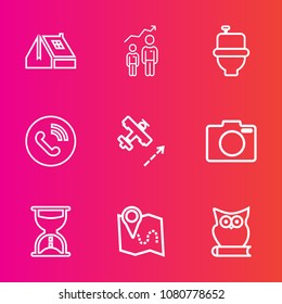 Premium set with outline vector icons. Such as bird, restroom, hour, owl, growth, circle, lens, camera, roofing, window, bathroom, timer, success, plane, progress, career, time, building, development