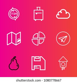 Premium set with outline vector icons. Such as web, suitcase, wooden, diskette, travel, vacation, map, fruit, customer, message, world, tourist, internet, luggage, business, house, support, journey