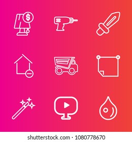 Premium set with outline vector icons. Such as sword, lamp, removal, apartment, rain, message, illumination, office, drill, truck, property, paper, bulb, modern, video, weapon, sign, stick, equipment