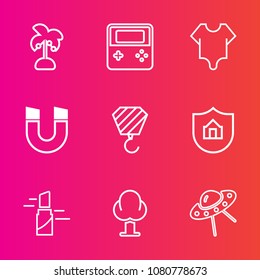 Premium set with outline vector icons. Such as makeup, field, button, leaf, summer, background, model, spacecraft, technology, building, pole, protect, construction, magnetic, property, red, landscape