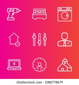 Premium set with outline vector icons. Such as property, bedroom, equality, mobile, account, internet, house, interior, apartment, white, equipment, hand, comfortable, bed, work, computer, wash, home